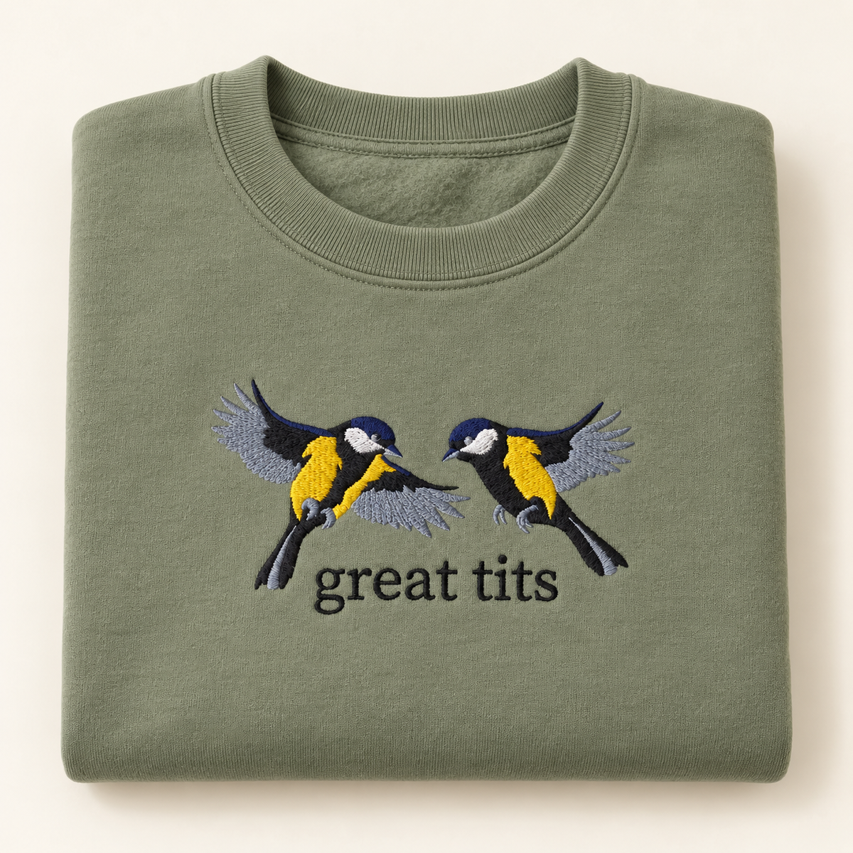 Great Tits Embroidered Sweatshirt on an ivory background