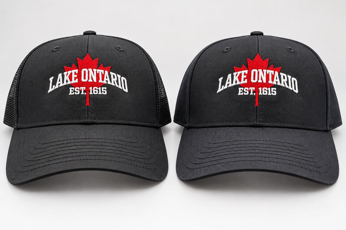 Black Lake Ontario embroidered hats with red maple leaf and white lettering