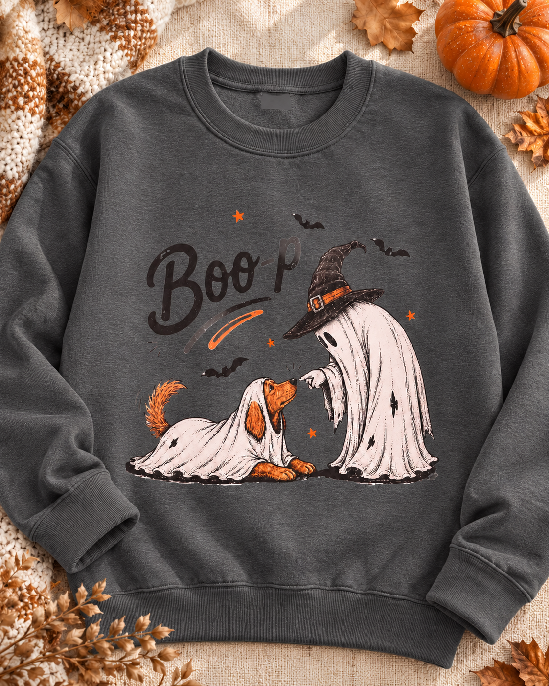 Charcoal Heather Grey Boo-p ghost and dog DTF crewneck