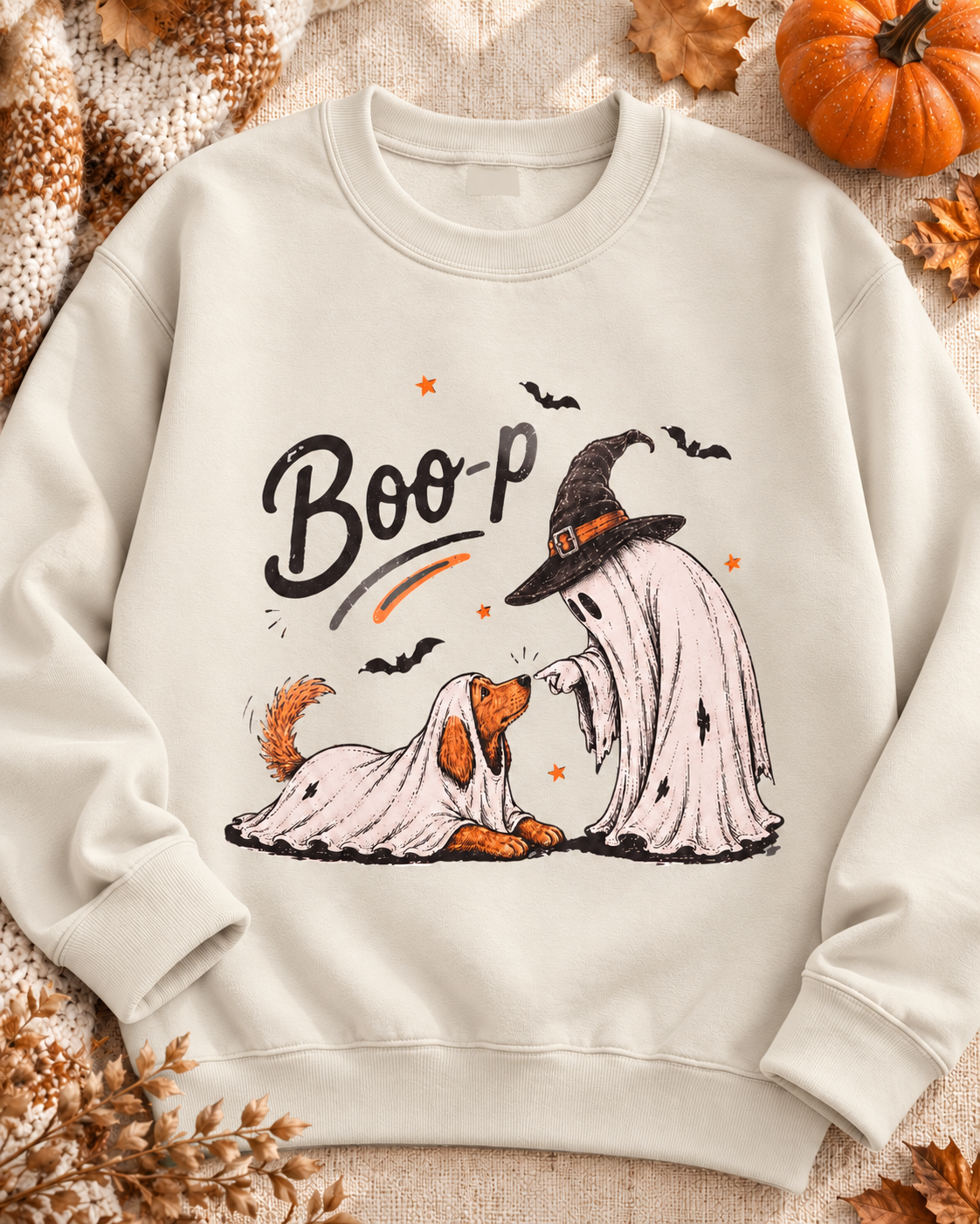 Natural cream Boo-p ghost and dog DTF crewneck