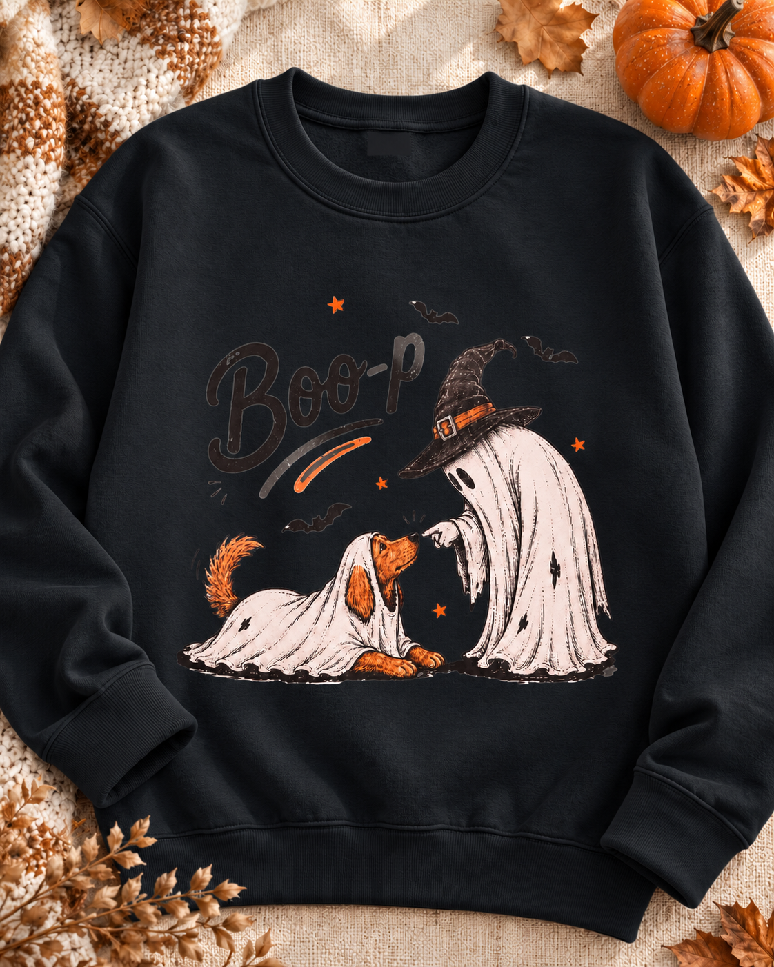 Onyx black Boo-p ghost and dog DTF crewneck