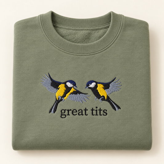 Great Tits Embroidered Sweatshirt on an ivory background