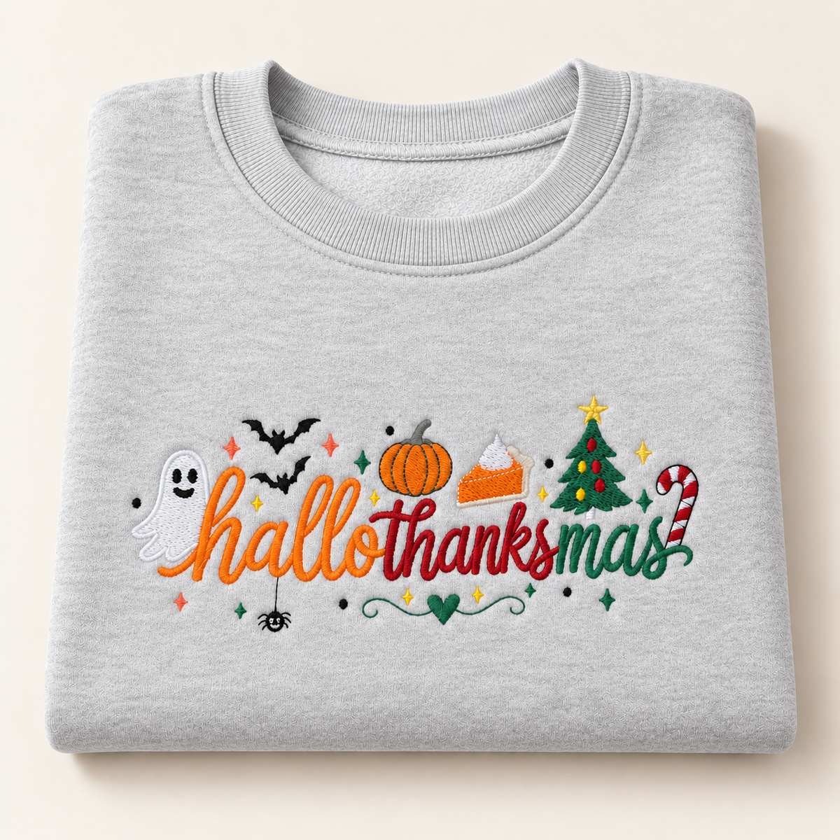 Ash Grey Heather Hallothanksmas embroidered crewneck colour preview