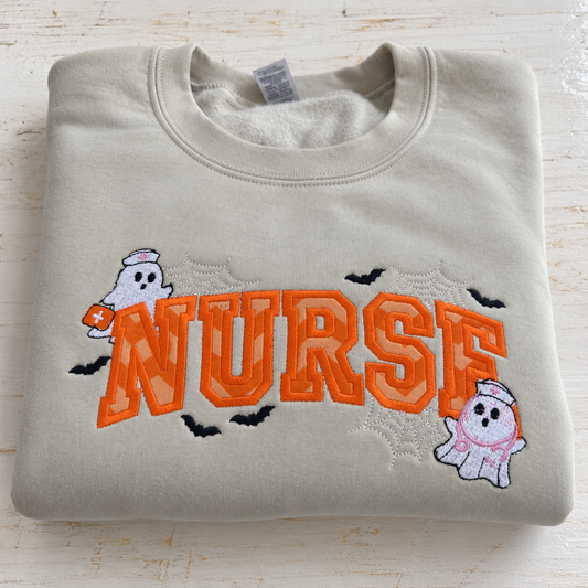 Halloween Nurse Embroidered Crewneck folded product mockup