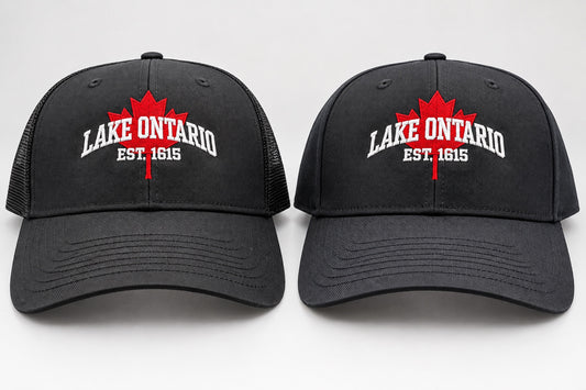 Black Lake Ontario embroidered hats with red maple leaf and white lettering