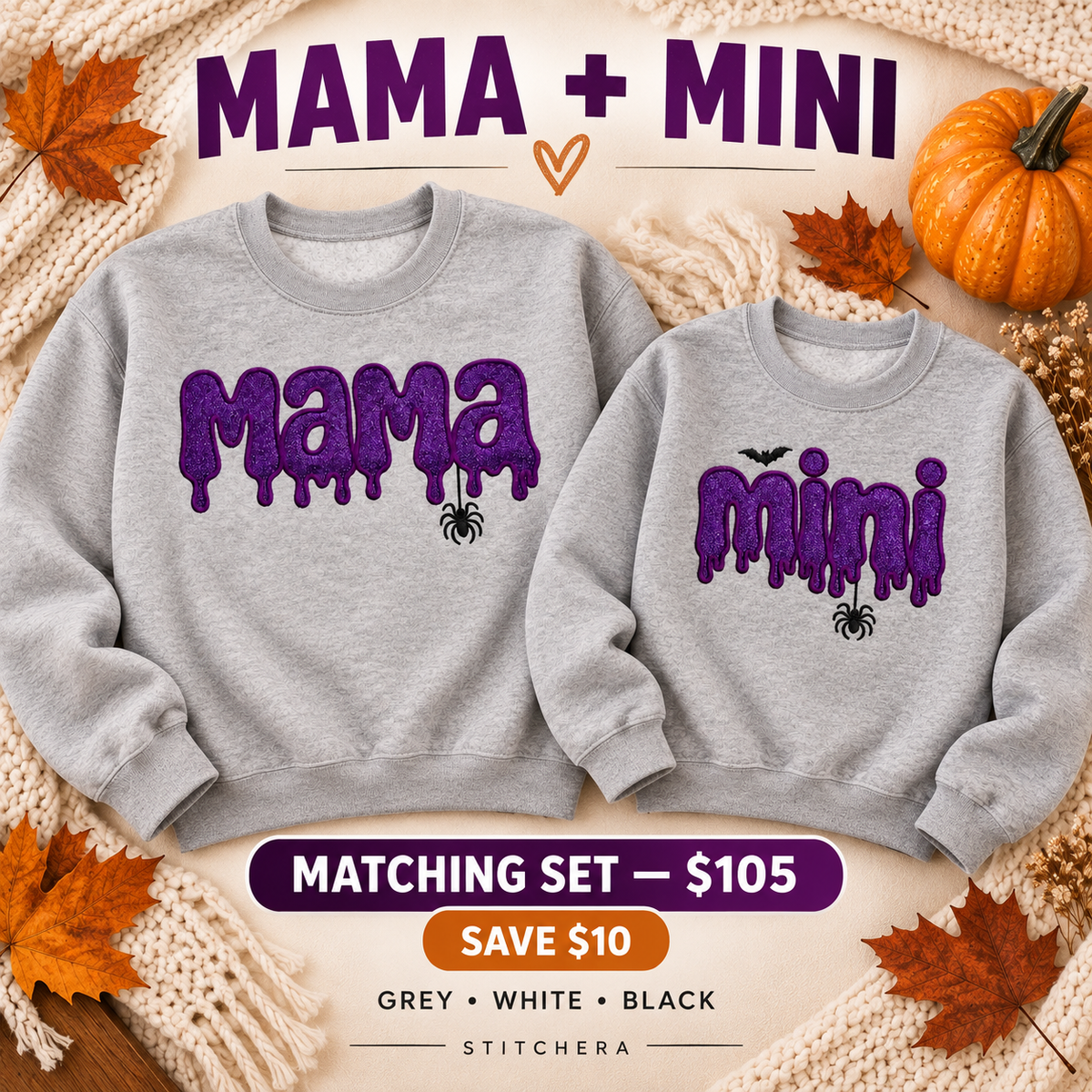 Mama and Mini matching embroidered Halloween crewneck set