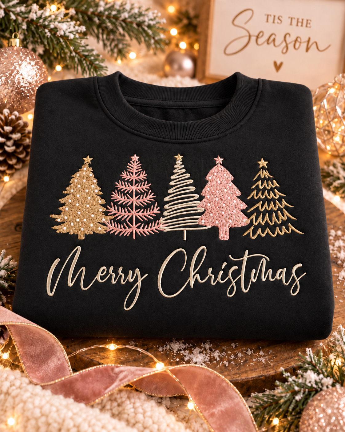 Merry Christmas embroidered crewneck in black with five pink, cream and gold trees