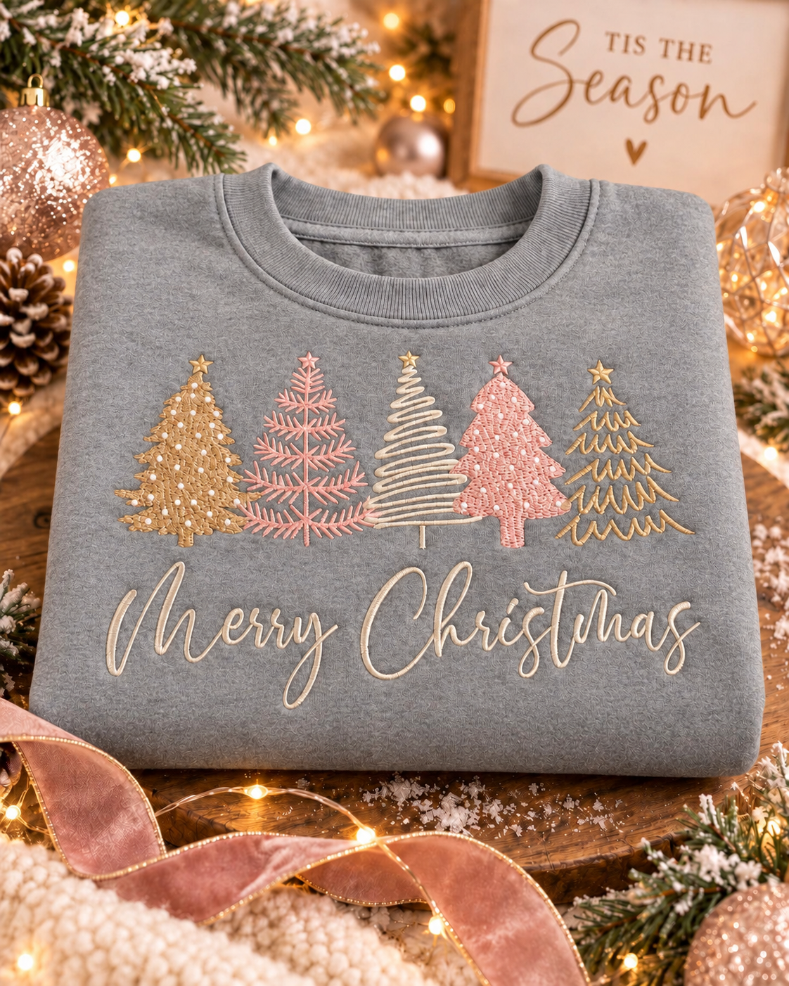 Merry Christmas embroidered crewneck in gray with five pink, cream and gold trees