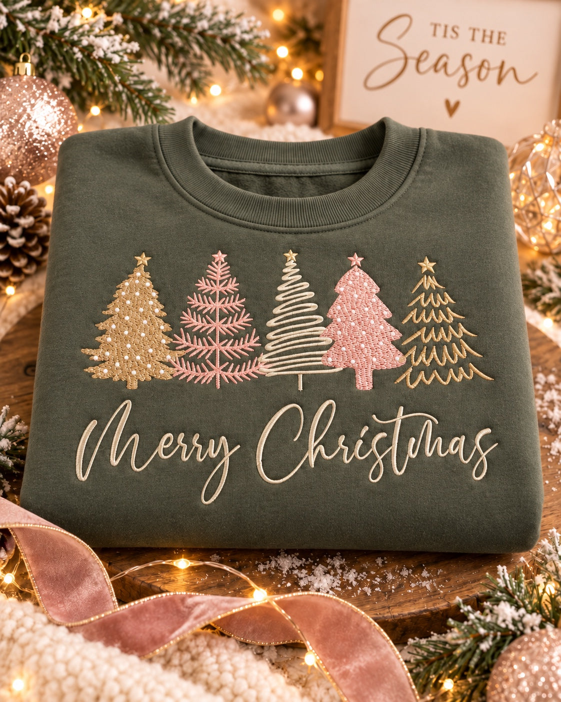 Merry Christmas embroidered crewneck in green with five pink, cream and gold trees