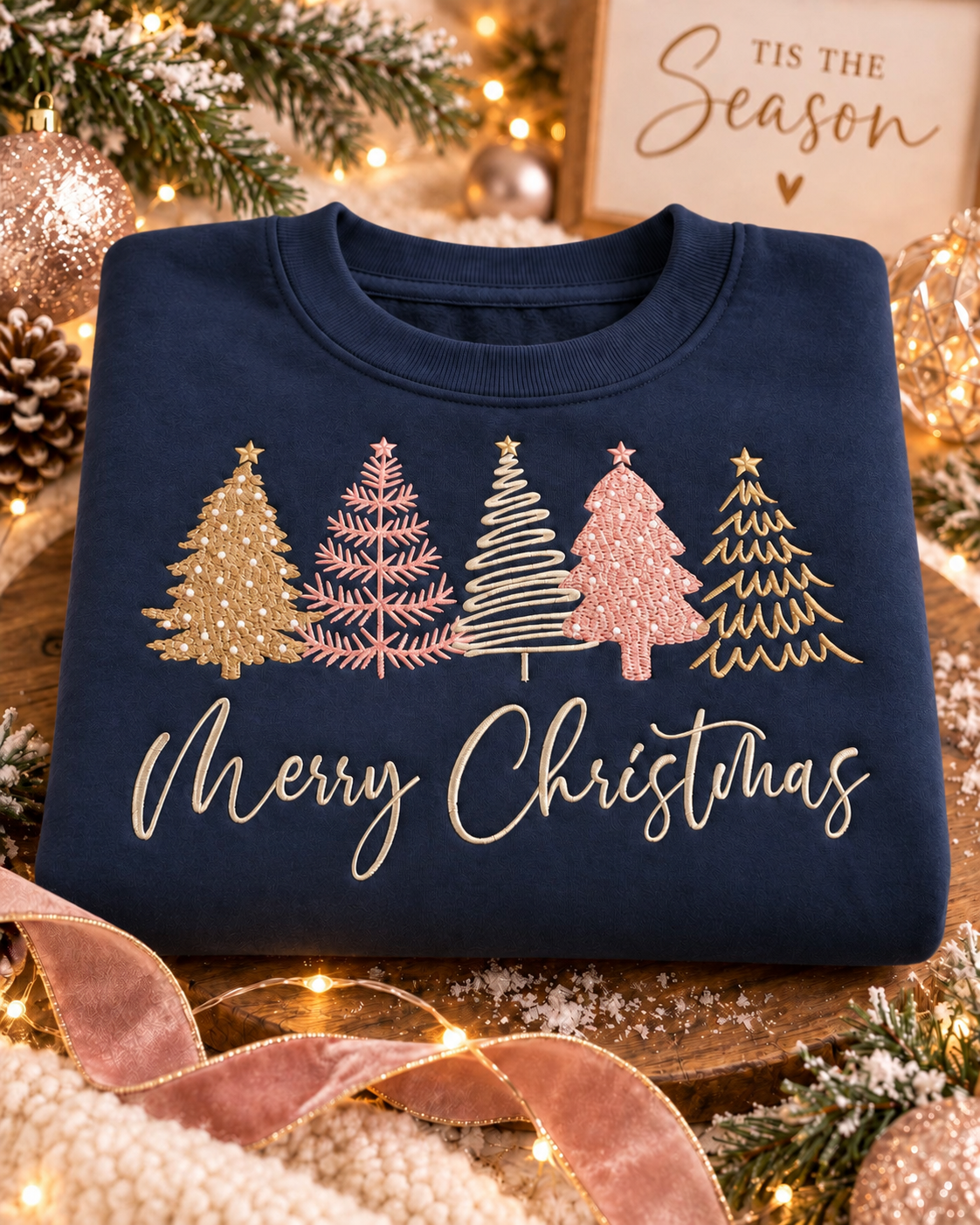 Merry Christmas embroidered crewneck in navy with five pink, cream and gold trees