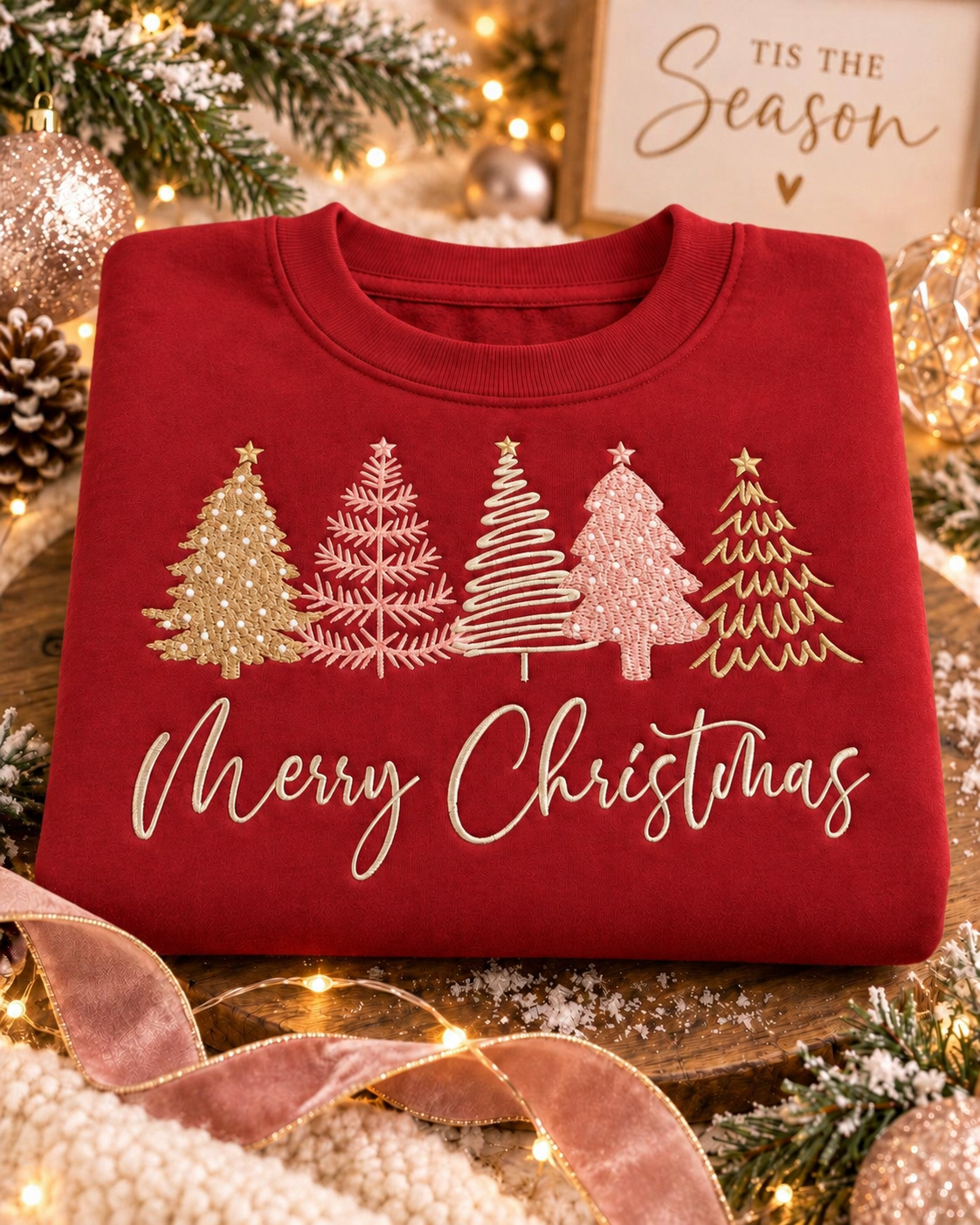 Merry Christmas embroidered crewneck in red with five pink, cream and gold trees
