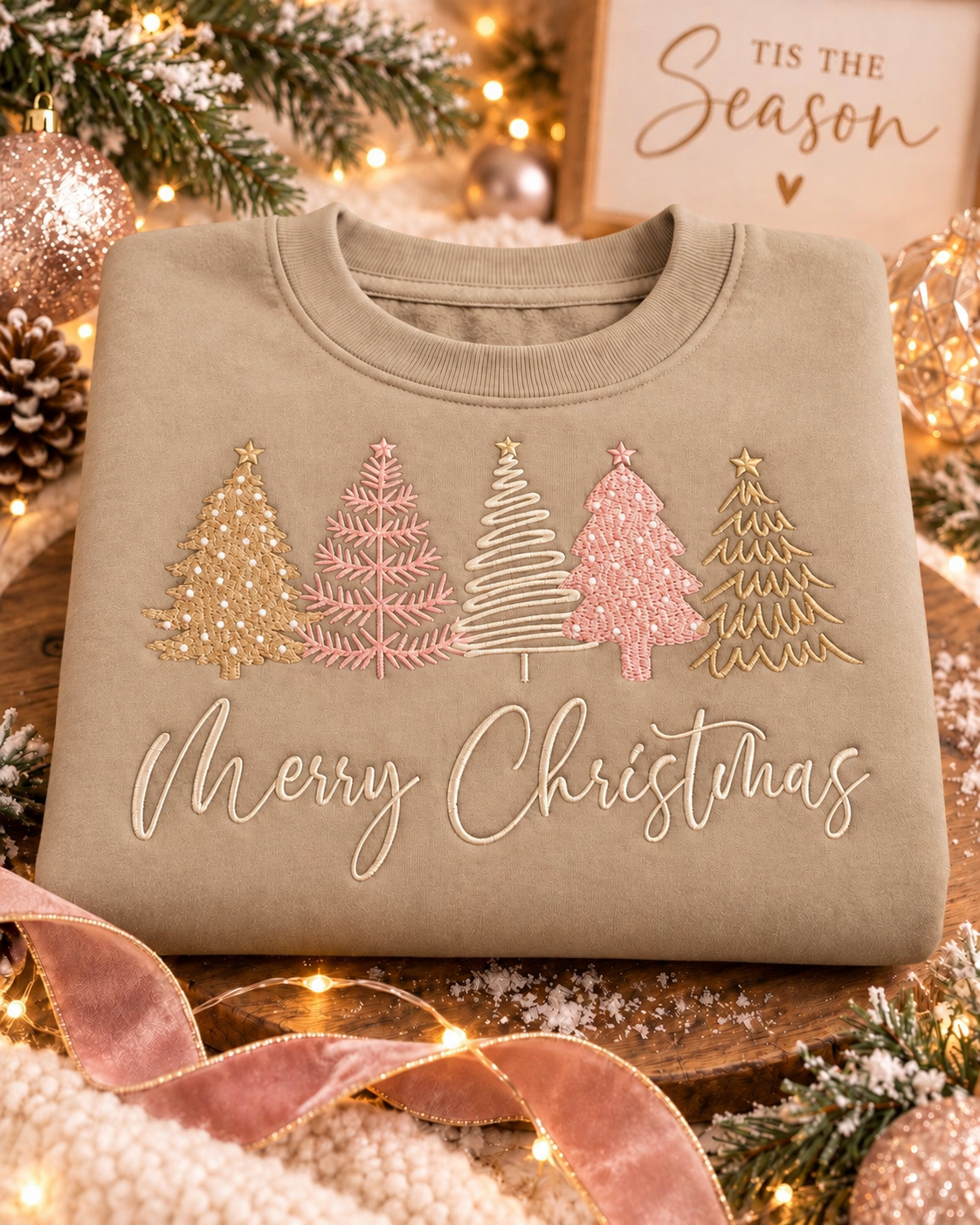 Merry Christmas embroidered crewneck in tan with five pink, cream and gold trees