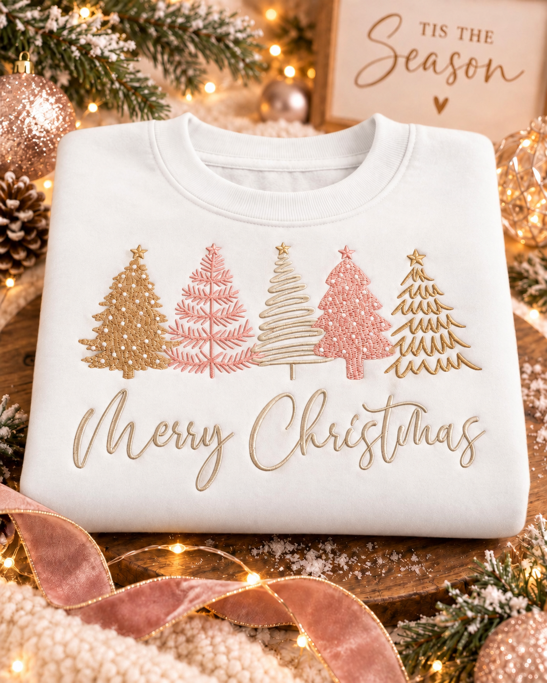 Merry Christmas embroidered crewneck in white with five pink, cream and gold trees