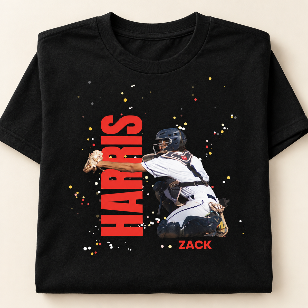 Personalized sports photo shirt product example on an ivory background
