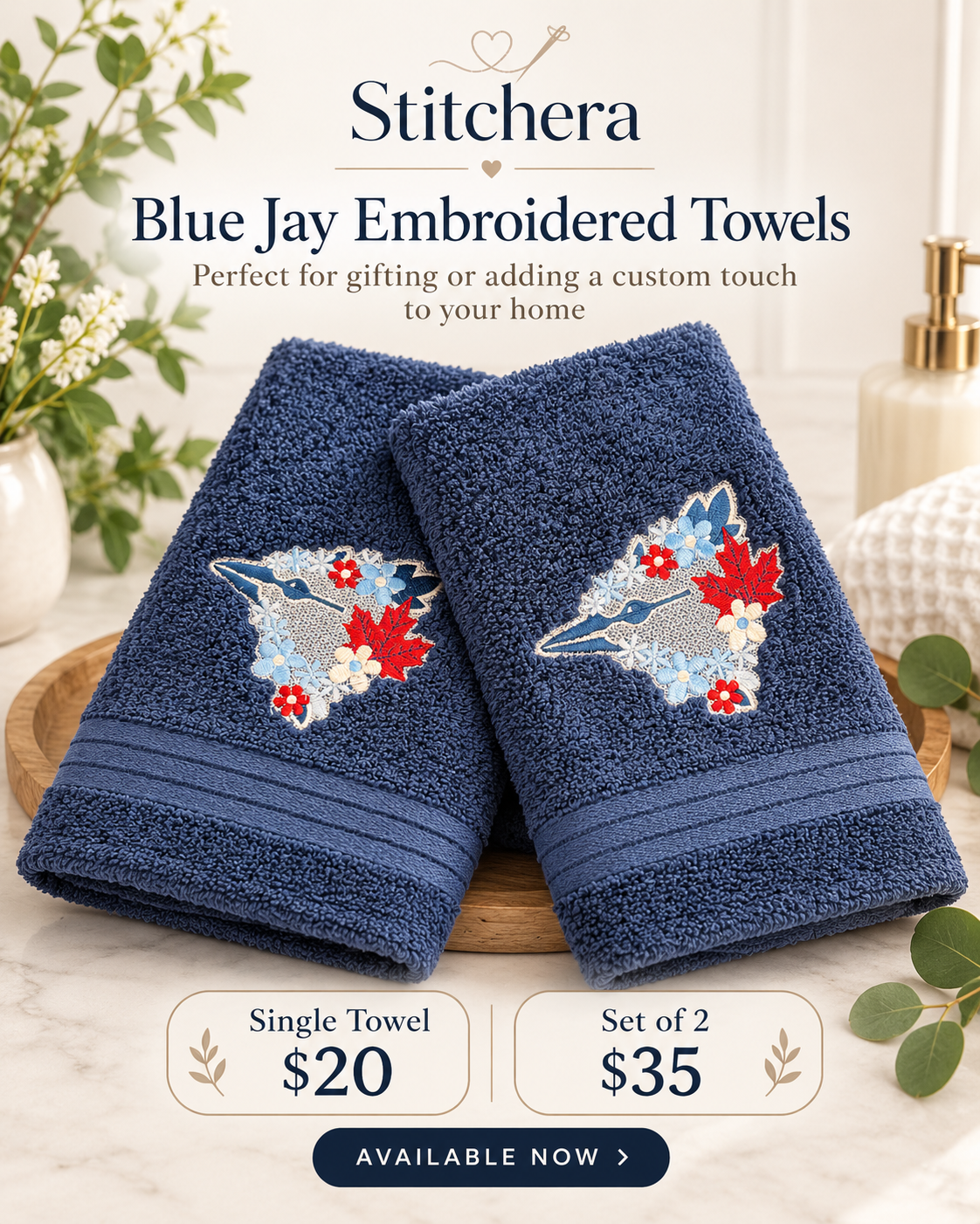 Blue Jay embroidered navy towels by Stitchera, available individually or as a set of two