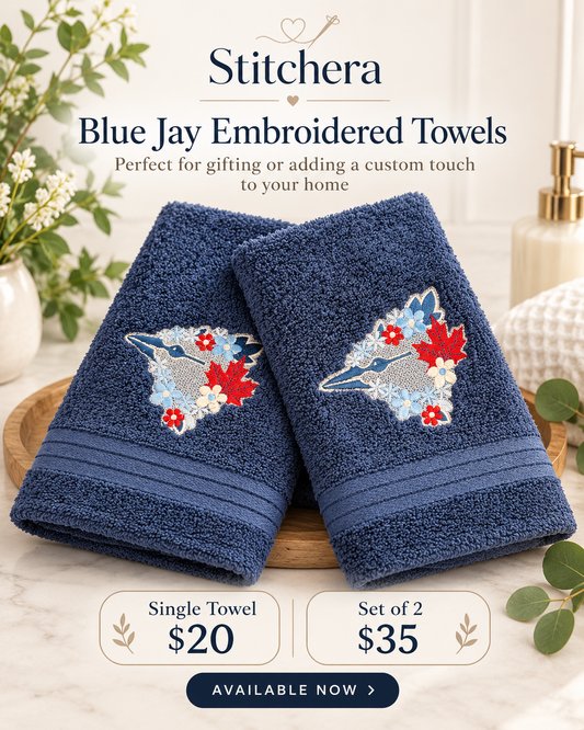 Blue Jay embroidered navy towels by Stitchera, available individually or as a set of two