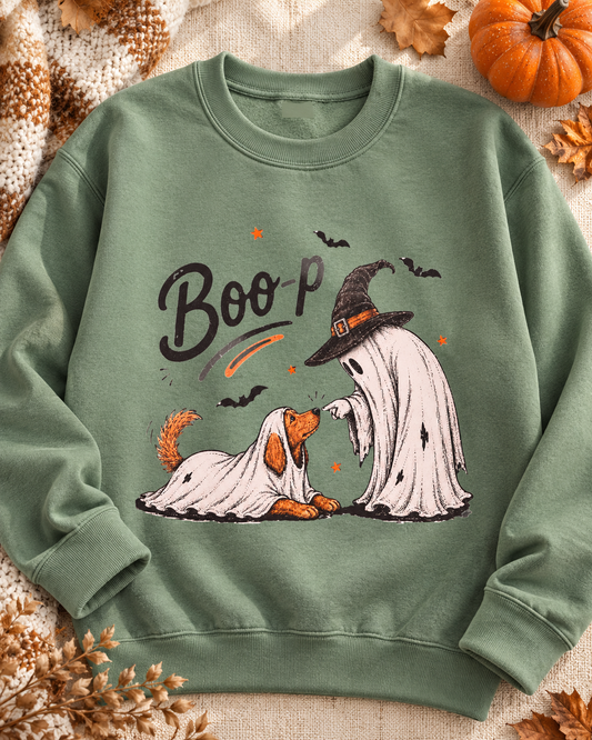Thyme green Boo-p Halloween crewneck with DTF printed ghost and dog design