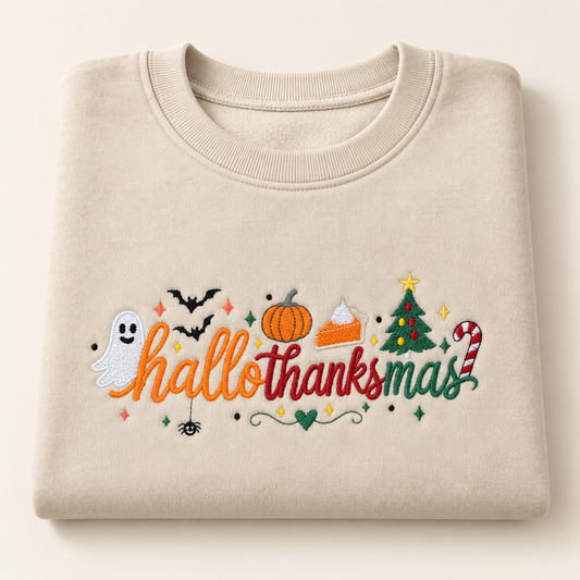 Cream crewneck with colourful Hallothanksmas embroidery on a warm ivory background