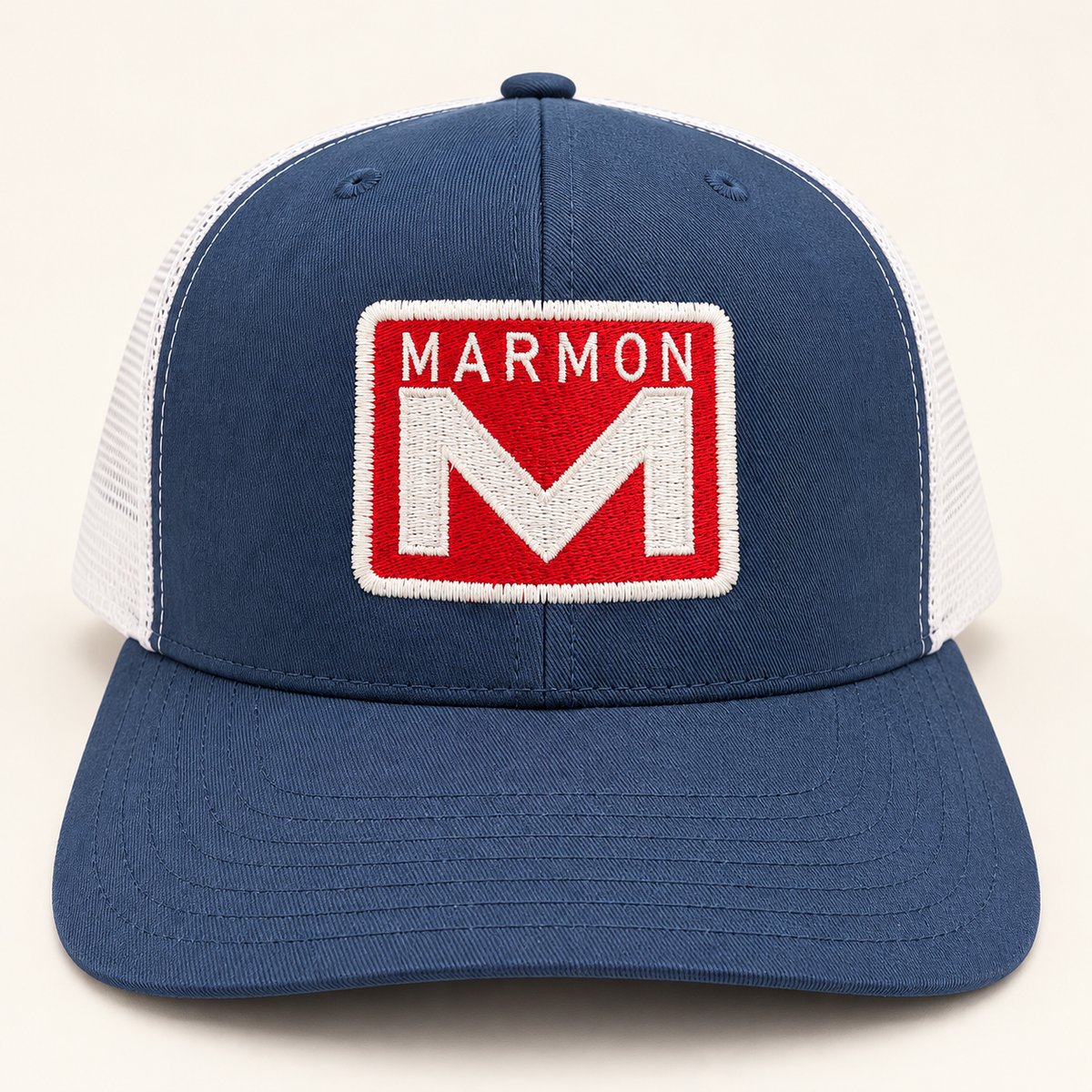 Navy and white mesh snapback hat with red and white MARMON embroidery