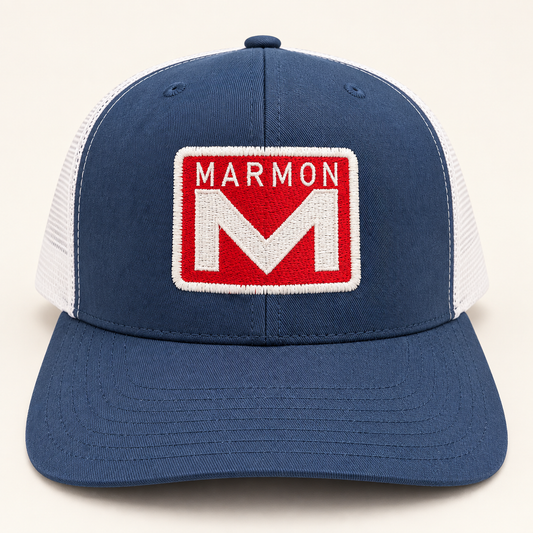 Navy and white mesh snapback hat with red and white MARMON embroidery