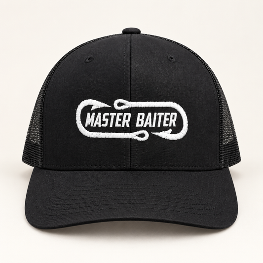 Black mesh snapback with white Master Baiter embroidery
